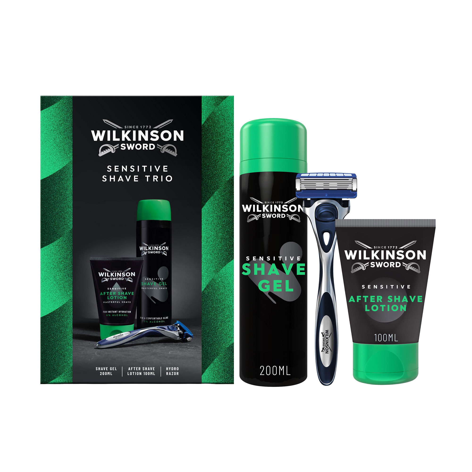 Чоловічий набір для гоління Wilkinson Sword Sensitive Shave Trio (гель для гоління, 200 мл + лосьйон після гоління, 100 мл + бритва, 1 шт)